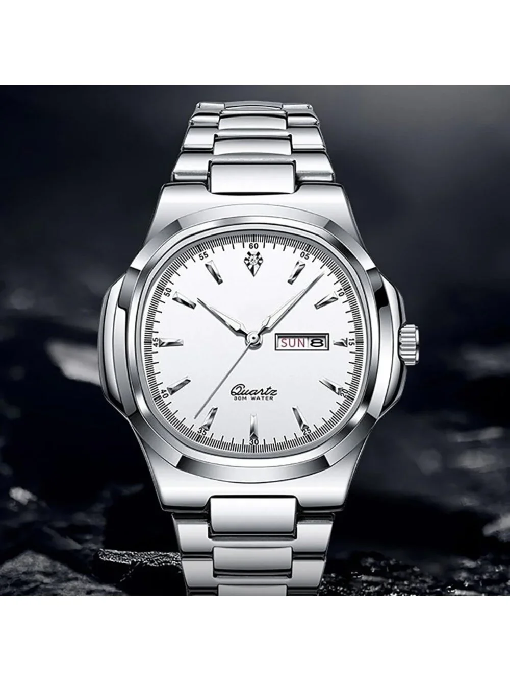 Men's Silver White Stainless Steel Strap Quartz Movement Waterproof Wrist Watch